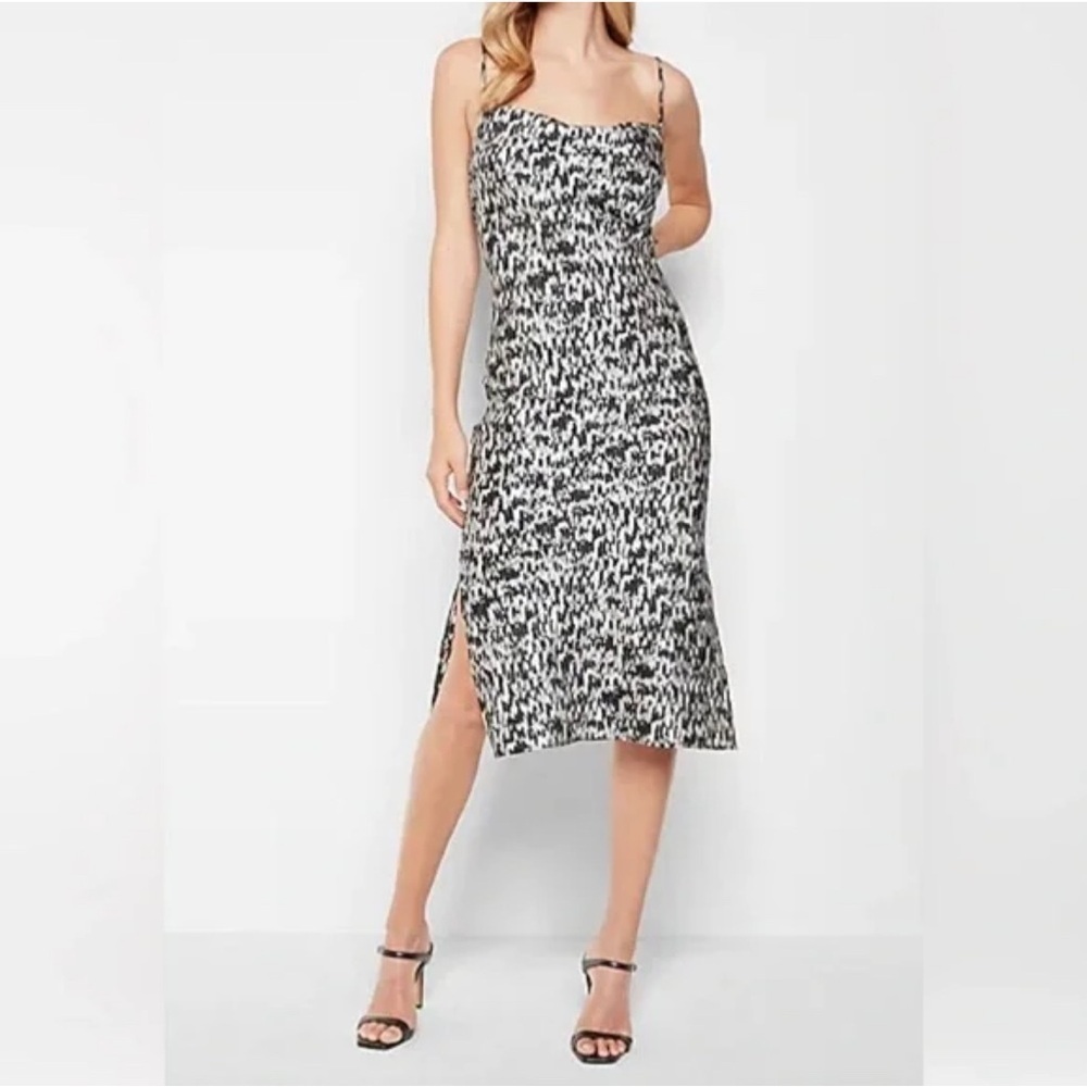 ✨Express✨ Abstract Print Satin Cowl Neck Midi Slip Dress - Picture 2 of 11